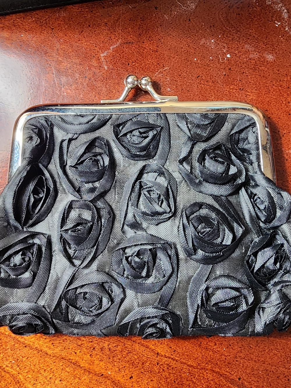 Black Satin Rosette Evening Clutch Kiss Lock Flower Purse